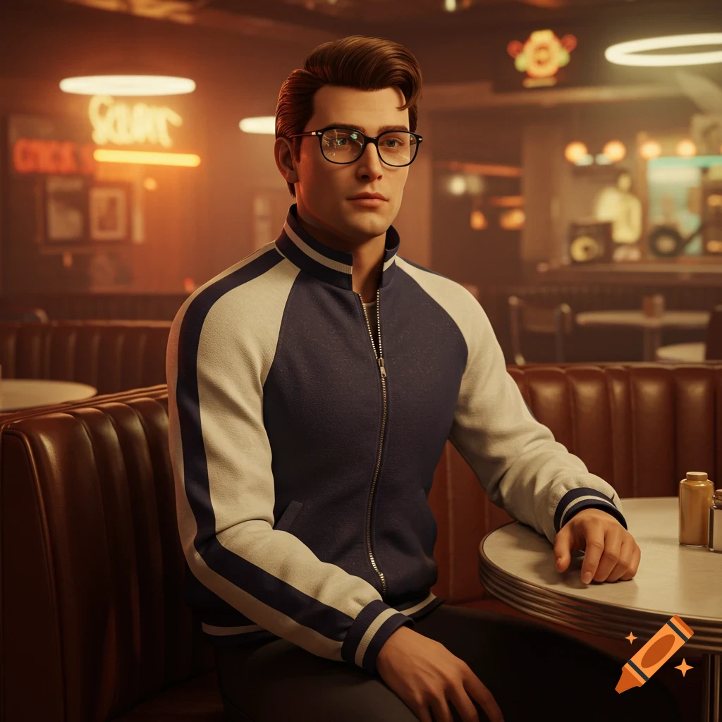 A man in a blue and white retro raglan jacket sits at a diner booth, looking forward.