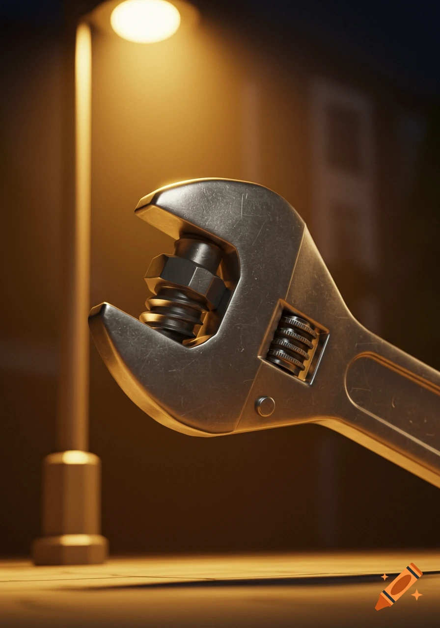 Close-up of a metallic wrench gripping a nut and bolt, lit by a street lamp at night.