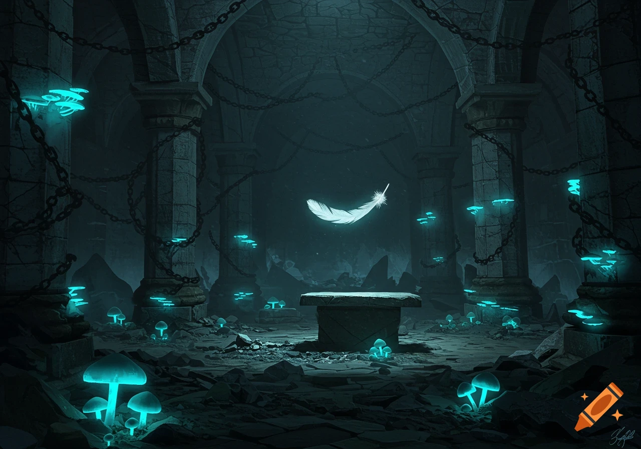 Dark fantasy art of gothic catacombs with columns, chains, glowing mushrooms, and a floating feather above a stone table.