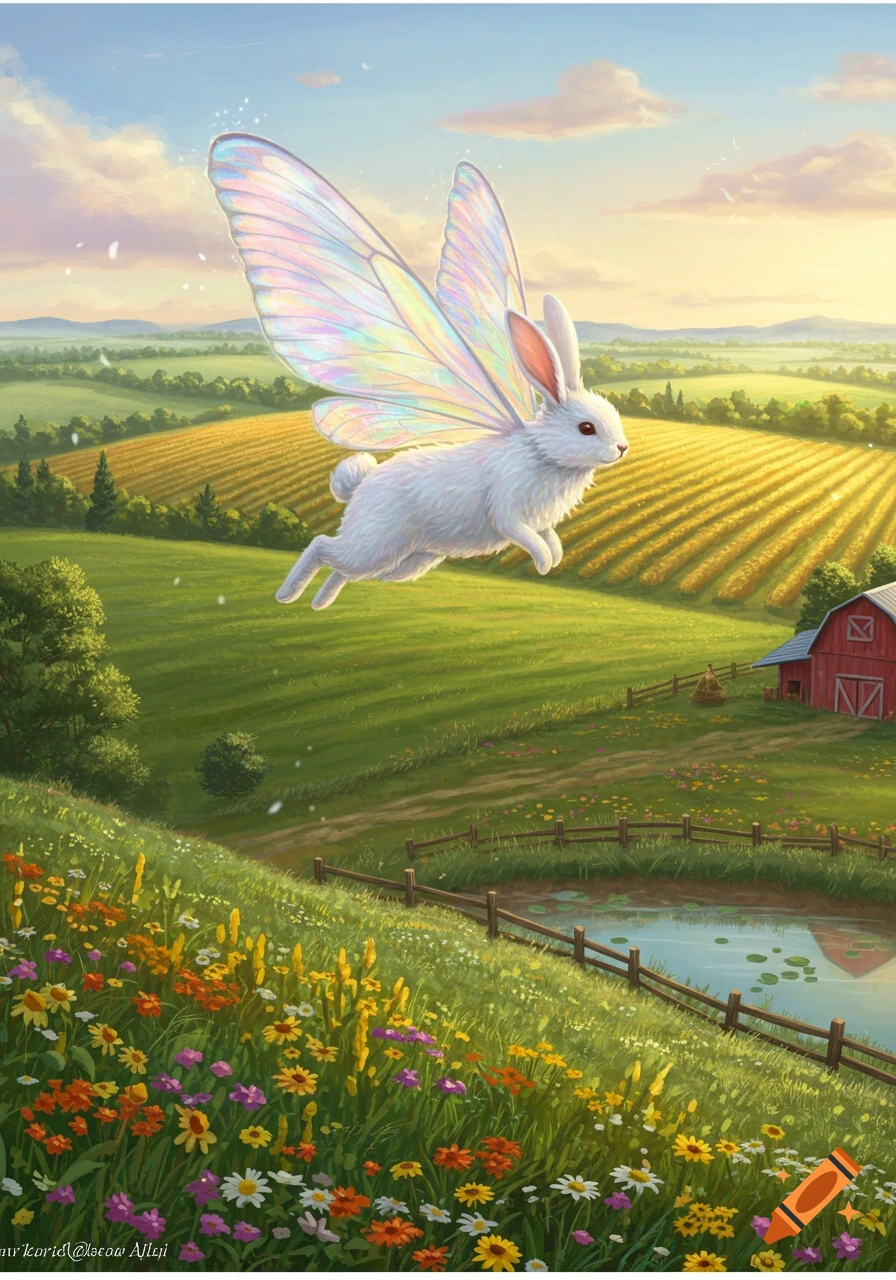 A white bunny with iridescent wings soars over a vibrant farm with green fields, yellow crops, red barn, and colorful wildflowers.