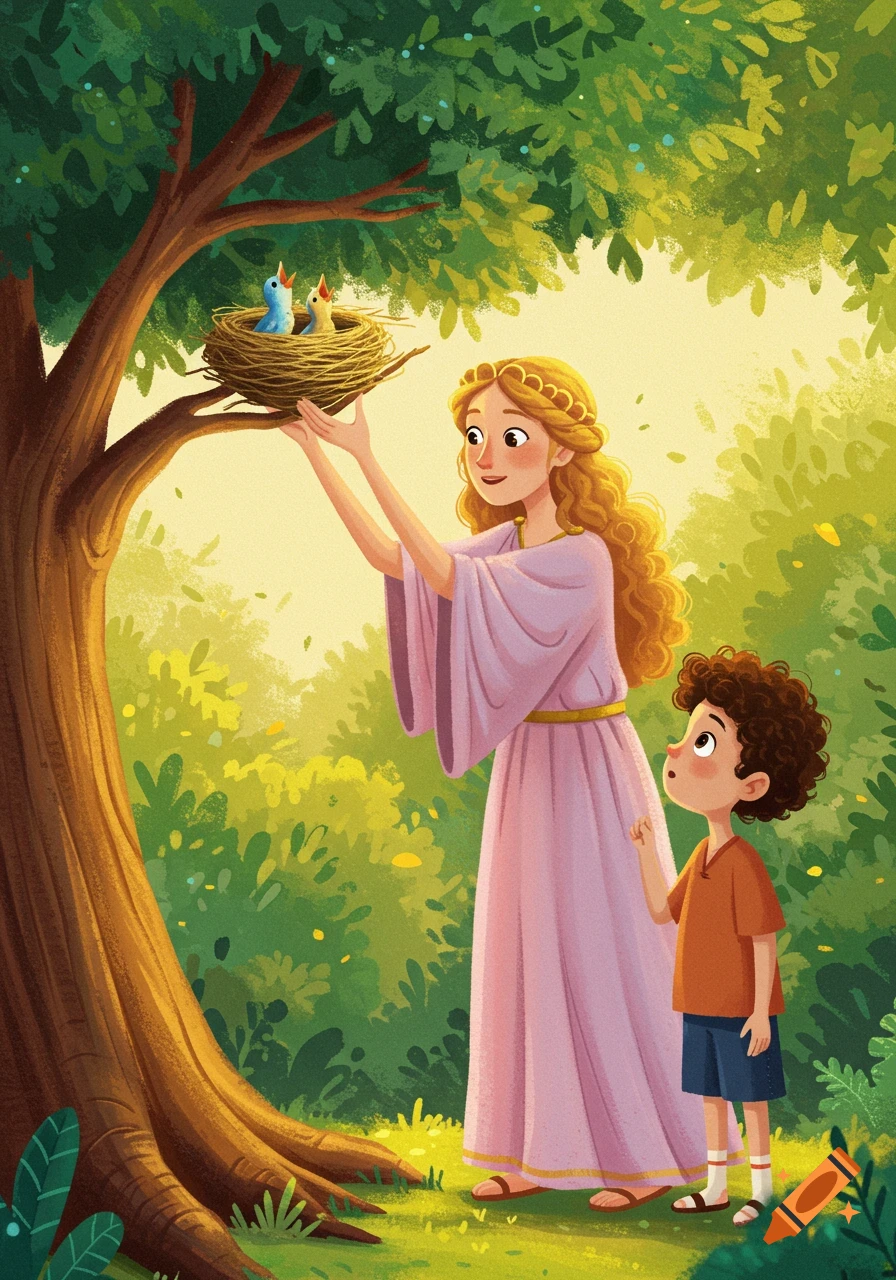 A goddess places a bird nest with baby birds onto a tree branch as a boy watches, in a warm, pastel children's book illustration.