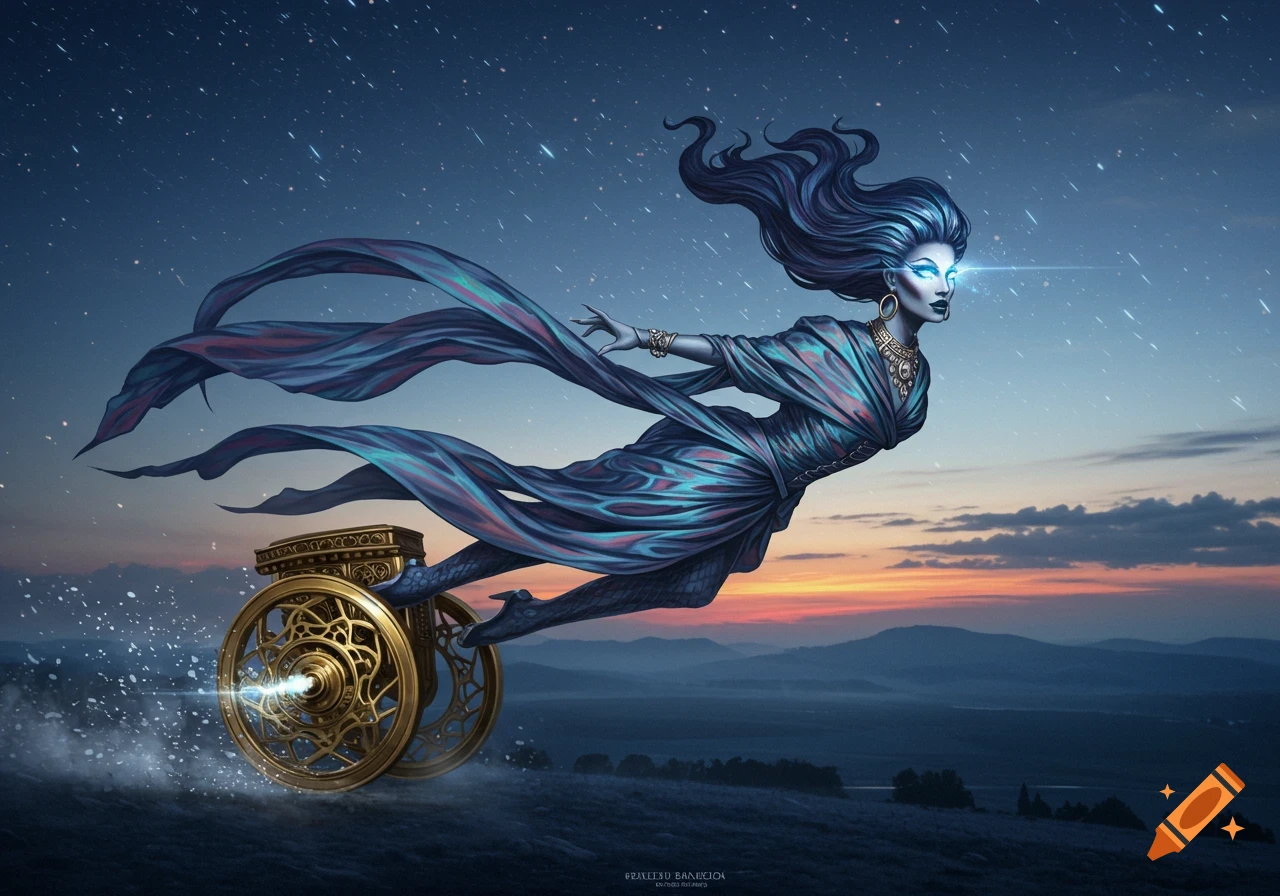 A fantastical banshee-like woman with glowing blue eyes and flowing blue hair and dress, flying across a starry twilight sky, pulling a golden wheeled mechanism. Digital art.