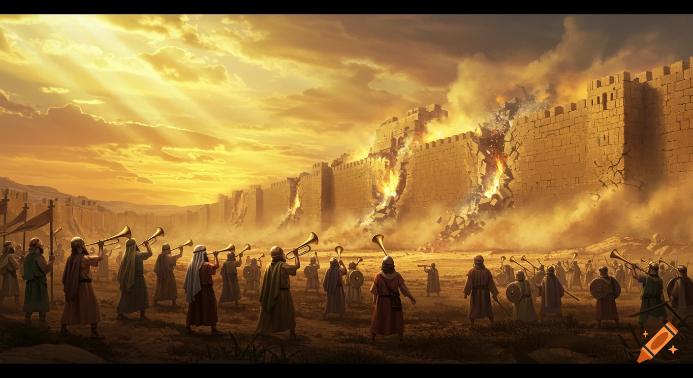 A dramatic cinematic illustration of the Walls of Jericho collapsing as Israelites blow horns under a golden sky.