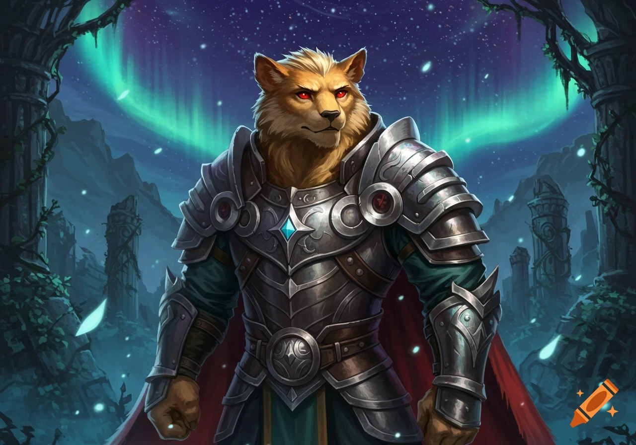 An anthropomorphic lion-like warrior in ornate silver armor with red eyes stands under a night sky with green aurora borealis and ancient ruins.