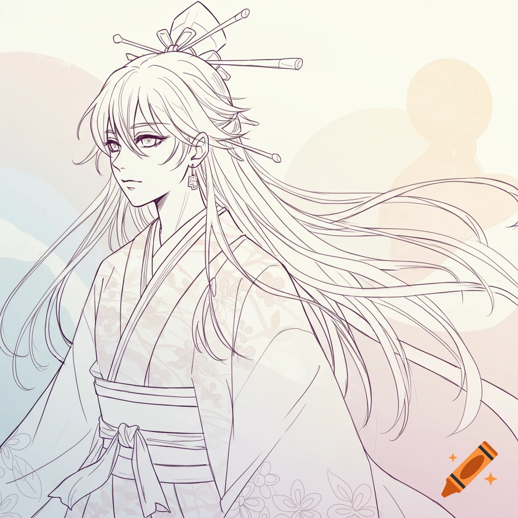 Anime character with long flowing hair, wearing traditional attire and a headpiece, rendered in smooth line art against a light pastel background.