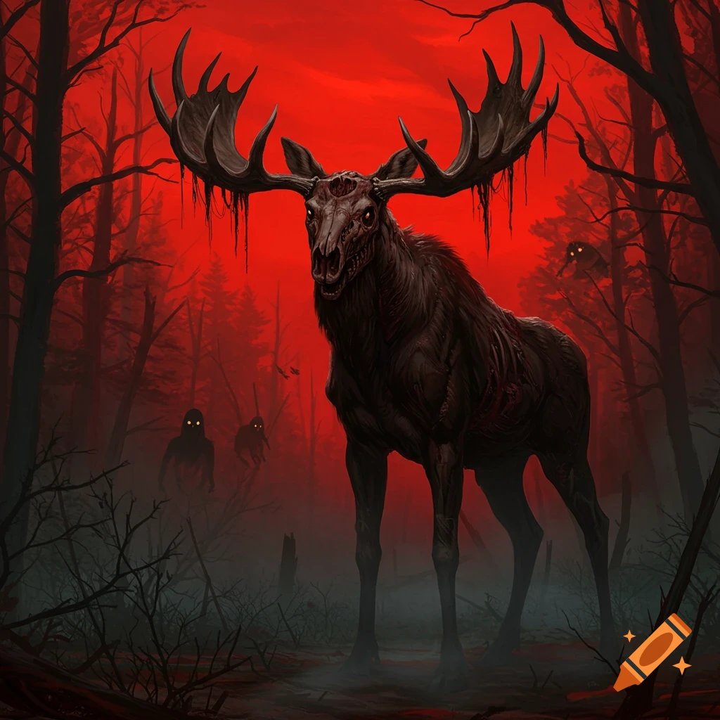 A skeletal zombie moose with glowing eyes stands in a dark, red-lit forest with shadowy figures.