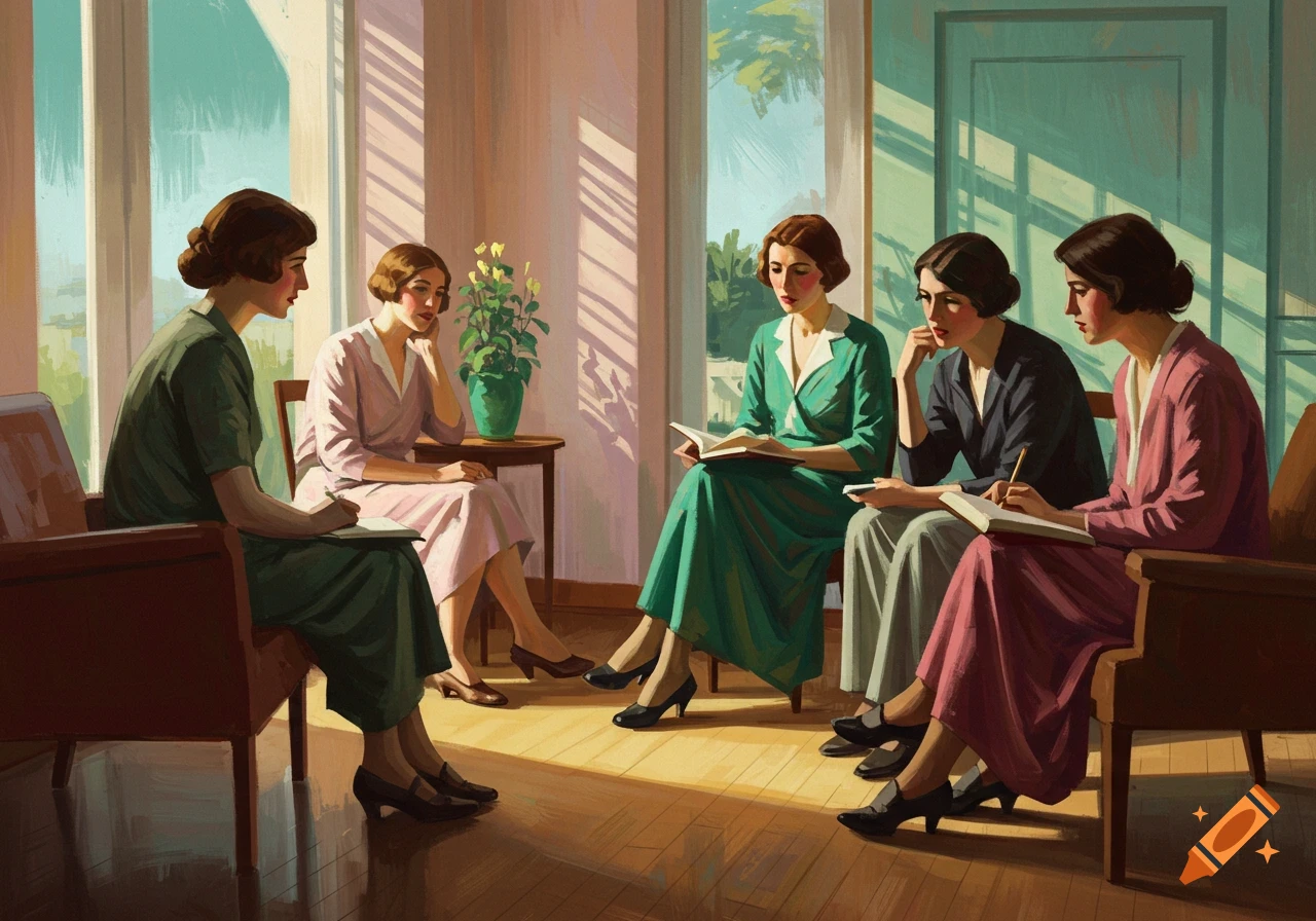 A painting in the style of Diebenkorn and George Bellows depicting five women in vintage dresses gathered in a sunlit room, some reading or writing.