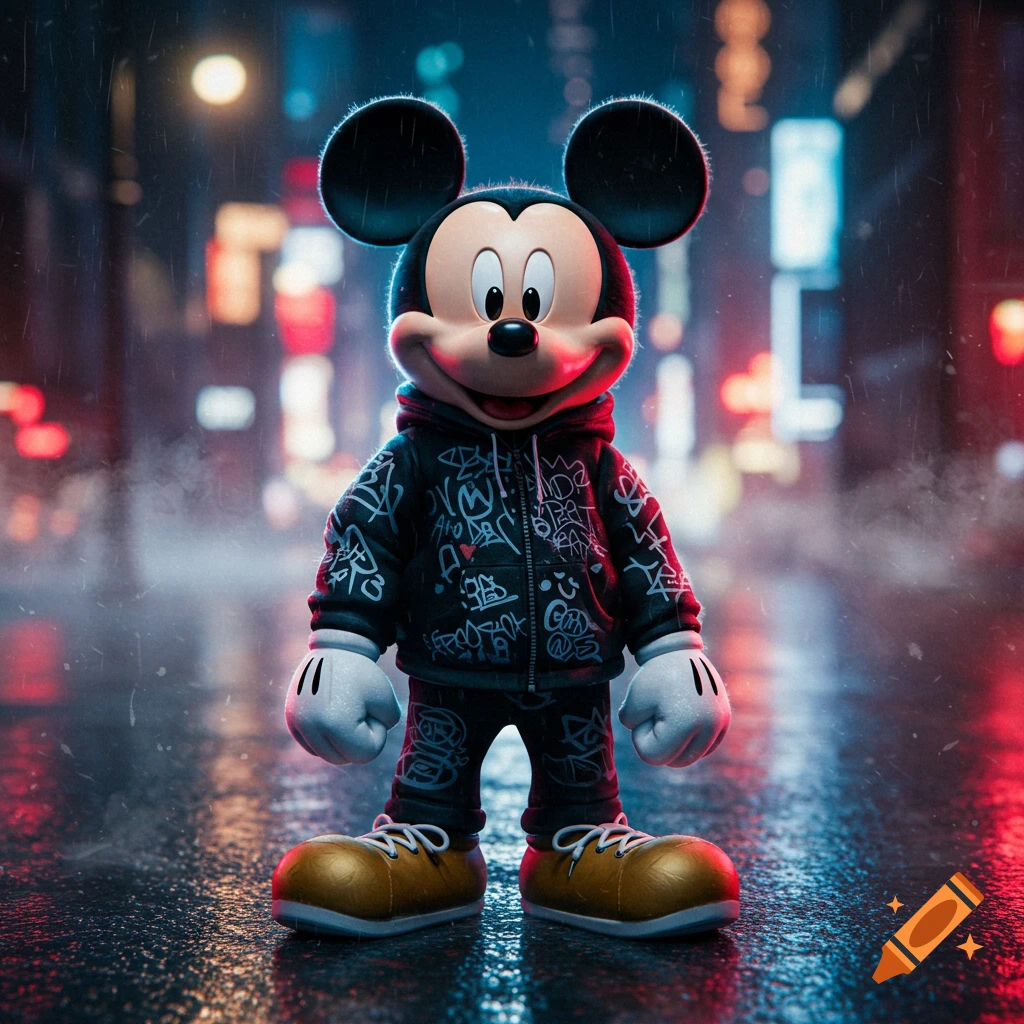 Mickey Mouse wearing a black hoodie and pants covered in graffiti, standing on a wet city street at night with blurry neon lights in the background.