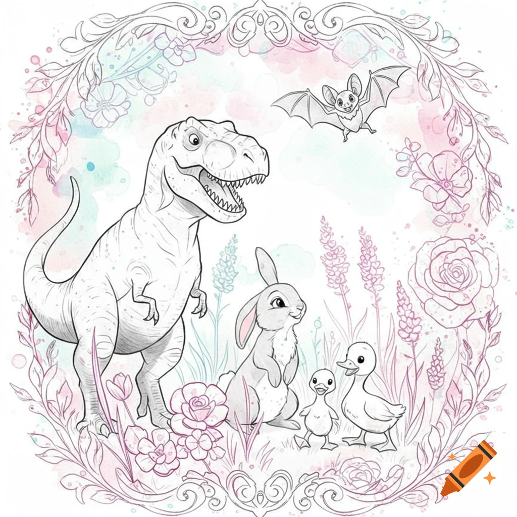 Line art coloring page of a T-Rex, bunny, two ducklings, and a bat surrounded by a whimsical floral border.