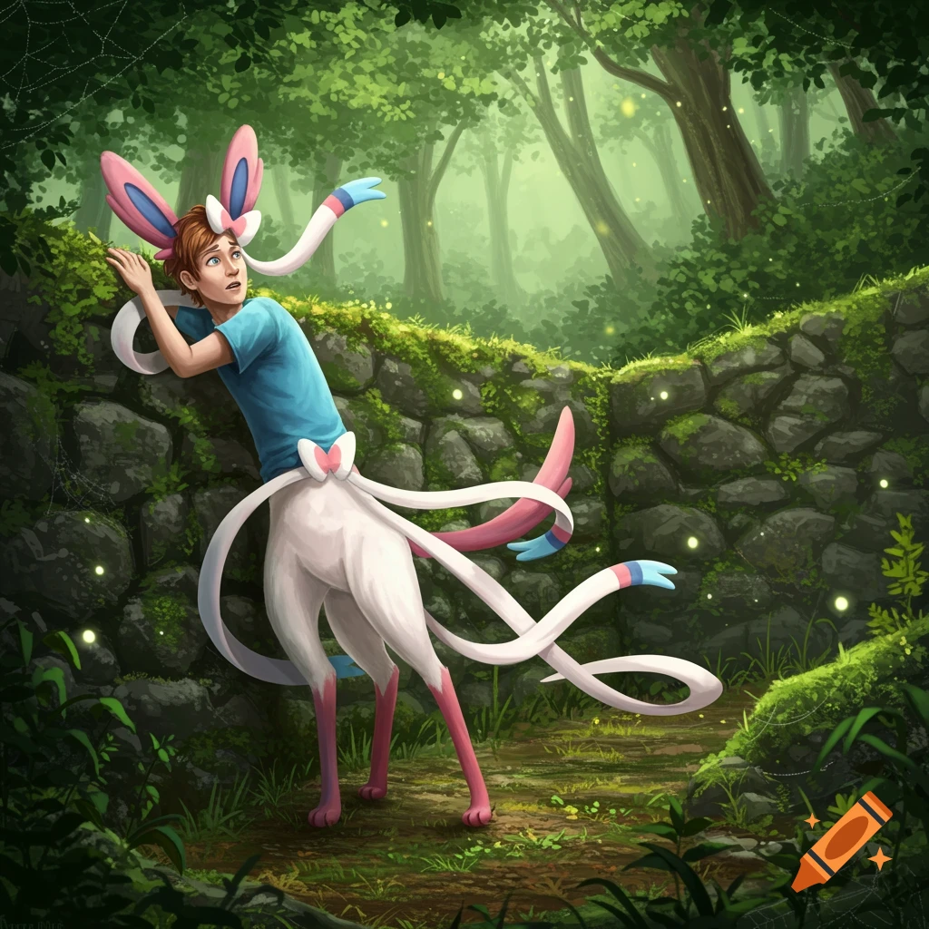 A man transforming into a Sylveon, with a human torso and Sylveon lower body, leaning on a mossy stone wall in a green forest.