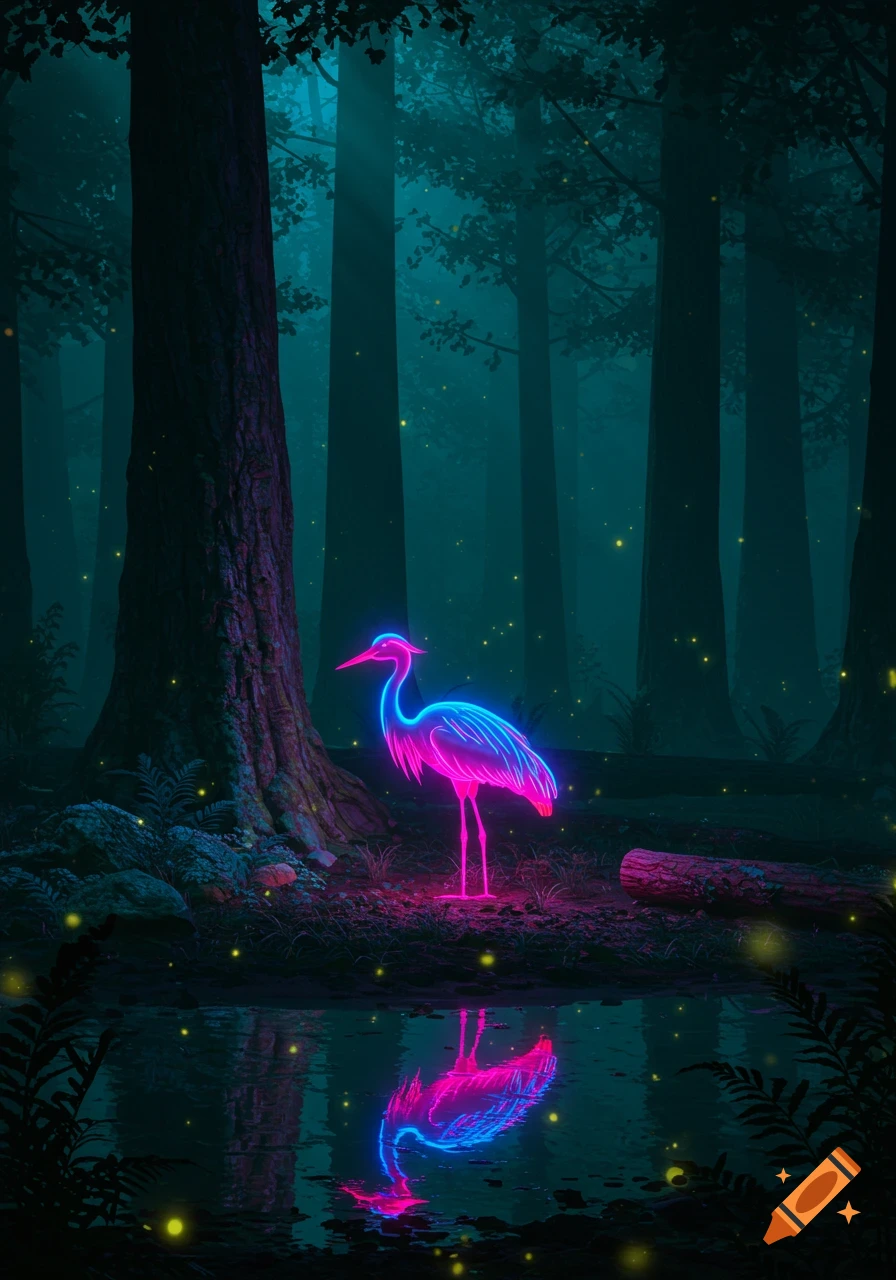 A glowing neon pink and blue crane stands by a pond in a dark forest, reflected in the water.