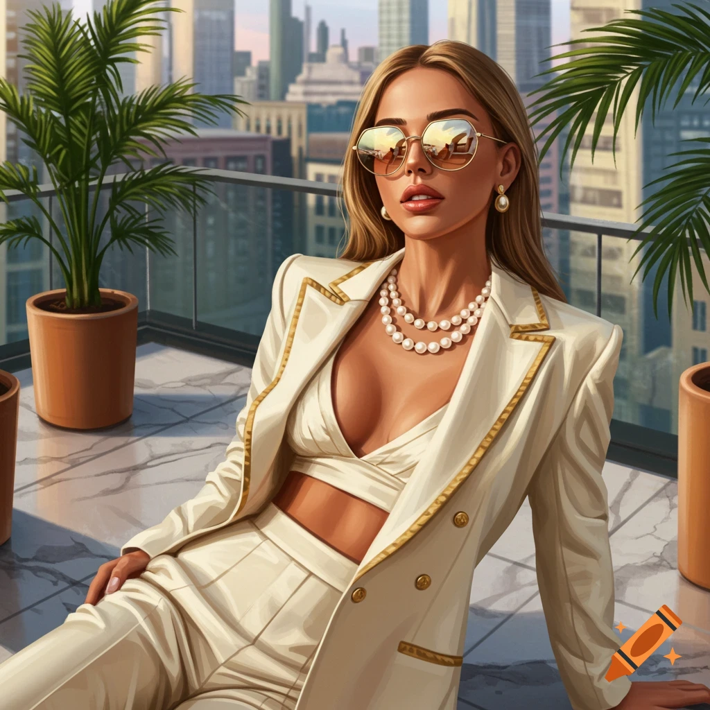 A fashionable woman in a cream suit and sunglasses sits on a city rooftop with buildings in the background.