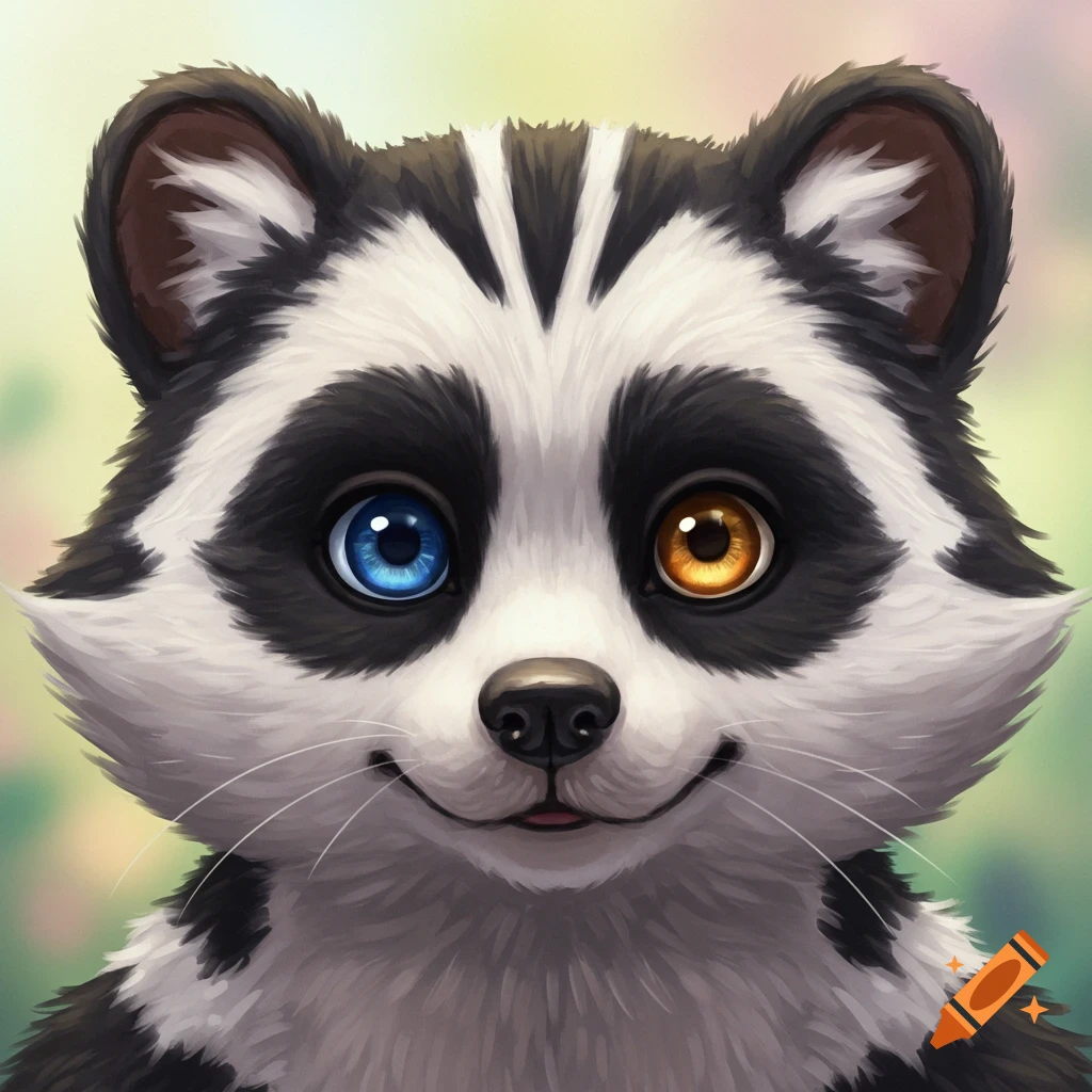 Close-up of a black and white striped tanuki character with one blue eye and one orange eye, smiling slightly.