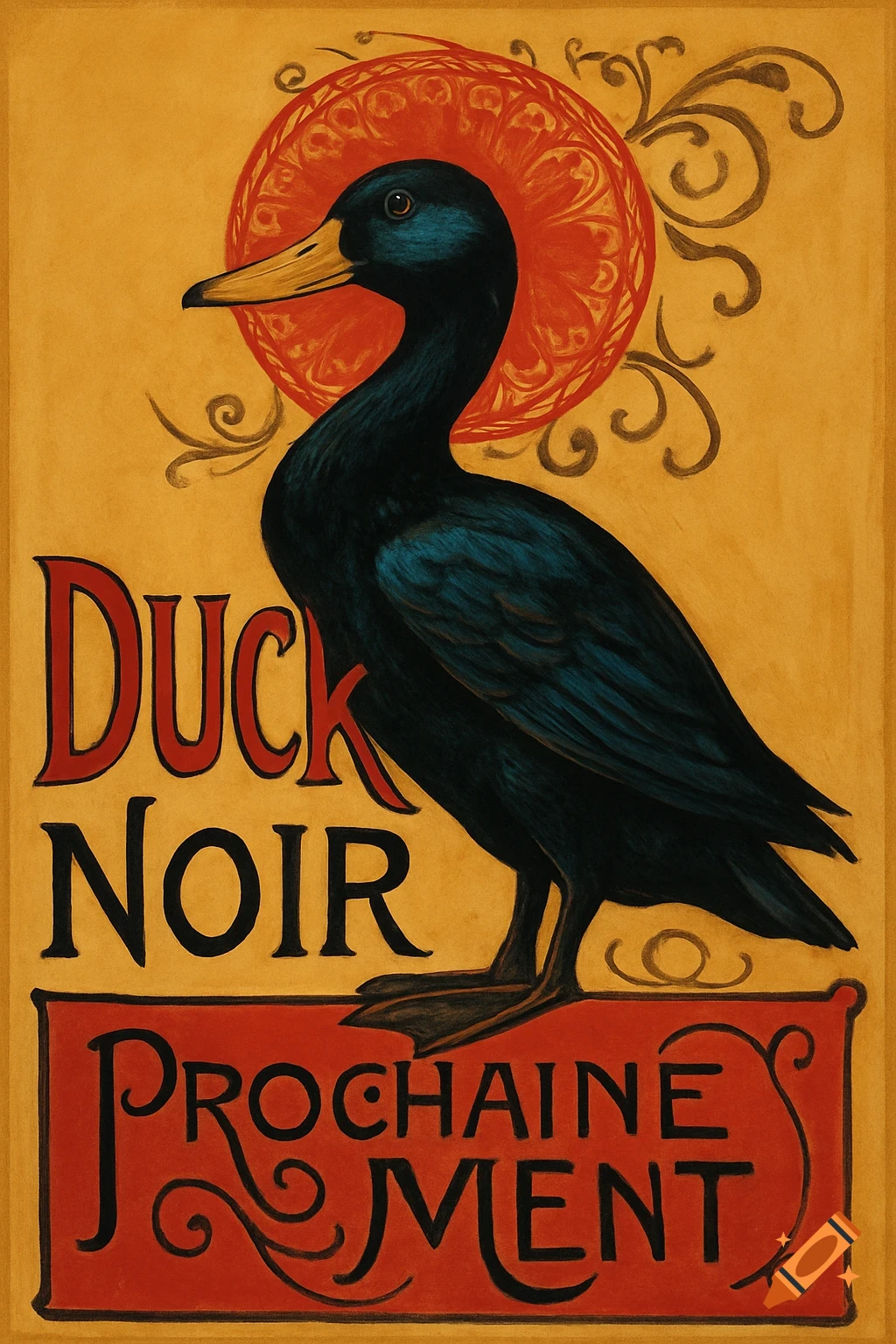 Vintage style poster with a black duck, red halo, and 'Duck Noir Prochainement' text on a gold background.