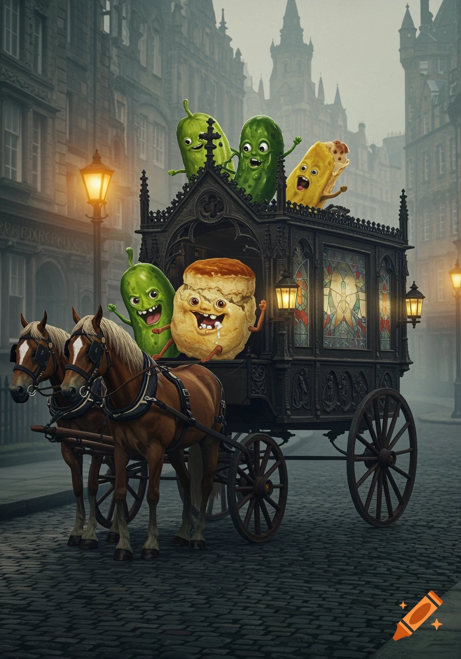 Cartoon sentient pickles, a scone, and a burrito ride a horse-drawn funeral hearse through an old, misty city street.