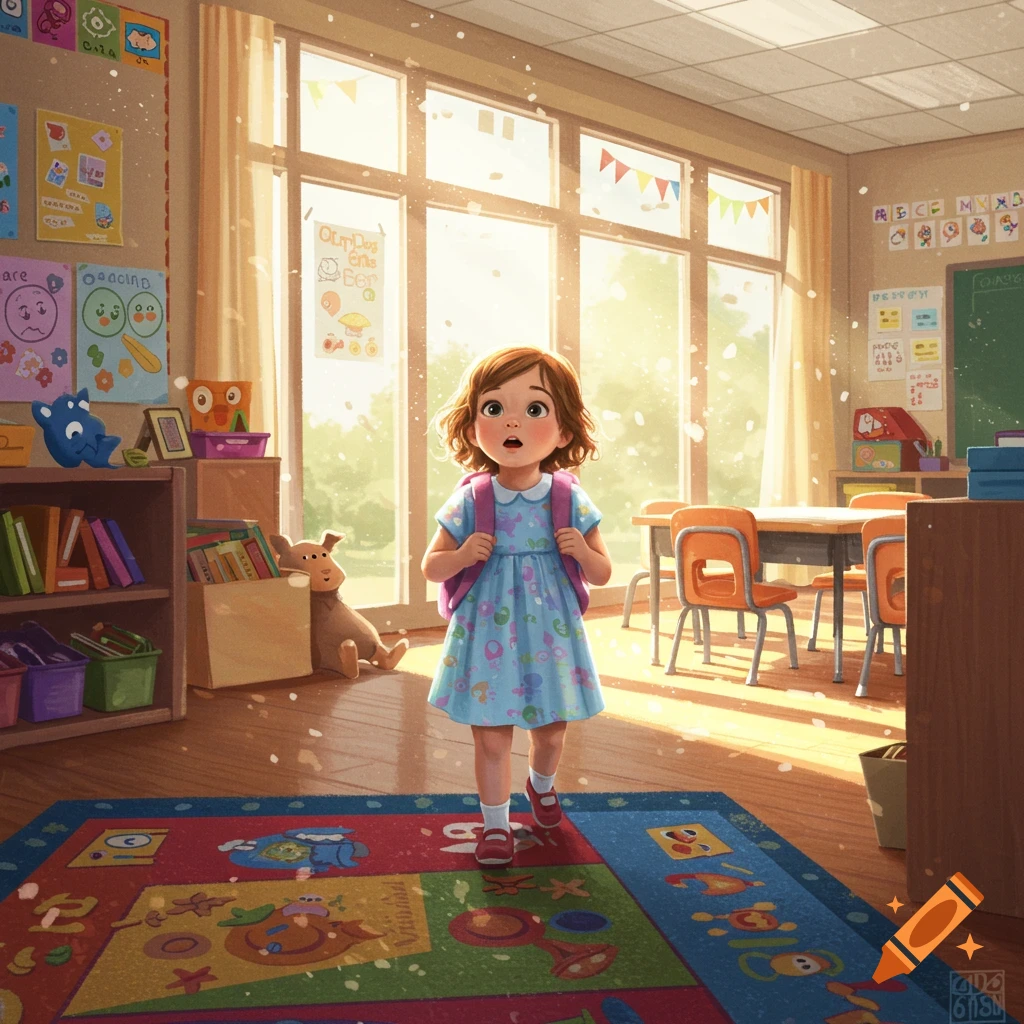 A young girl with a pink backpack and a blue dress stands in a brightly lit kindergarten classroom, looking up with a surprised expression. Sunlight streams through large windows, illuminating dust motes in the air. Posters with garbled text adorn the walls, and a colorful alphabet rug covers the floor.