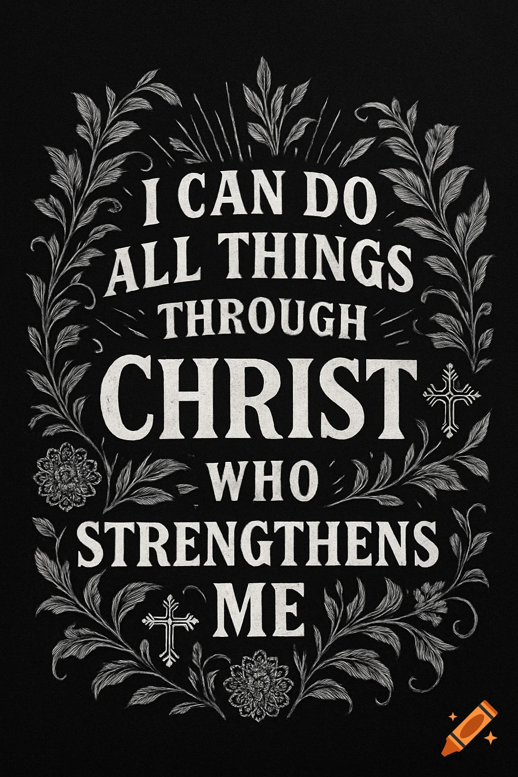 A black and white t-shirt design with the Bible verse 'I can do all things through Christ who strengthens me' framed by floral patterns and crosses.