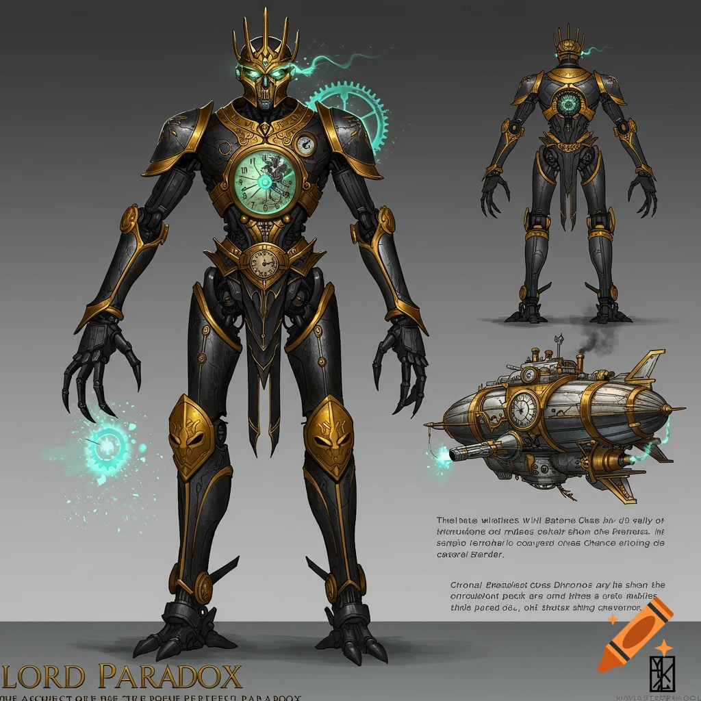 A detailed steampunk robot, Lord Paradox, with gold and black armor and clockwork mechanisms. It stands next to a steampunk airship.