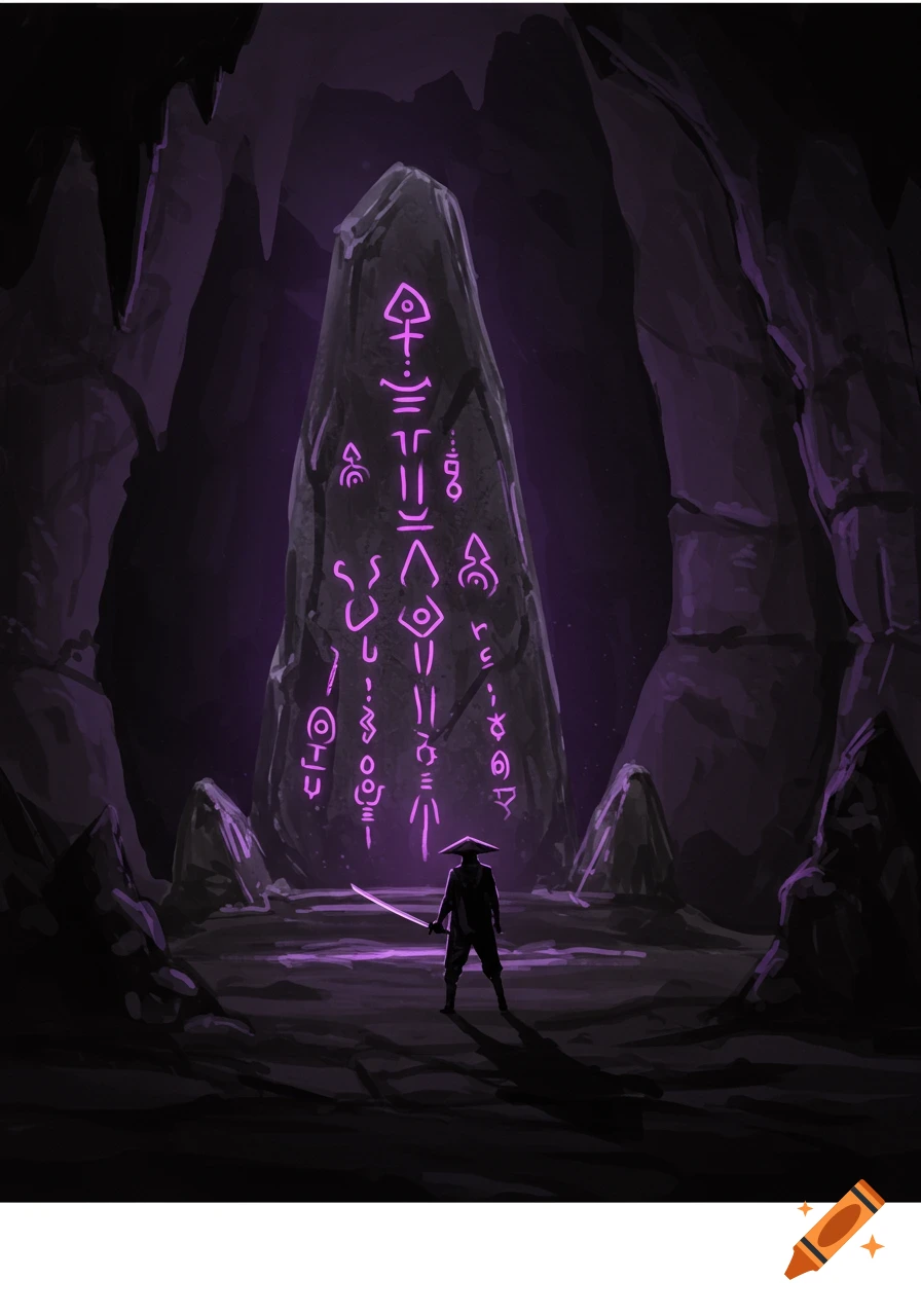 A silhouetted warrior with a katana stands before a purple glowing monolith inscribed with ancient symbols in a dark cave, in a sketch art style.