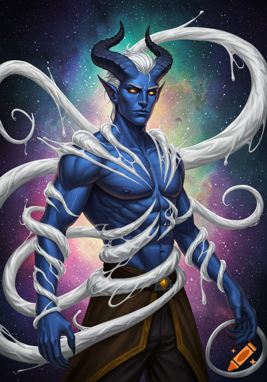 Muscular blue tiefling male with white hair and horns, enveloped in white symbiote tendrils against a vibrant galaxy background, digital art.