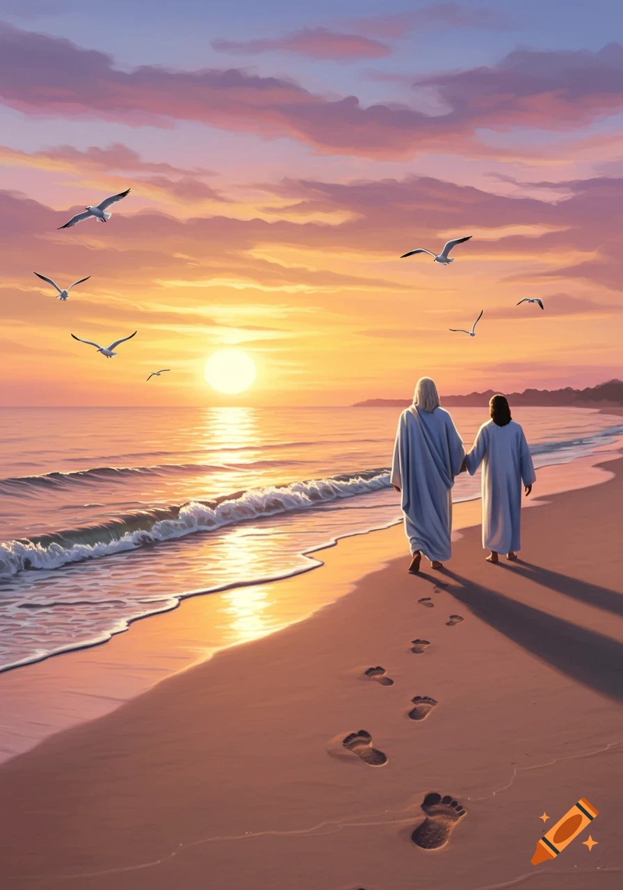 Two robed figures, one resembling Jesus, walk hand-in-hand along a beach at sunset, leaving footprints in the sand.