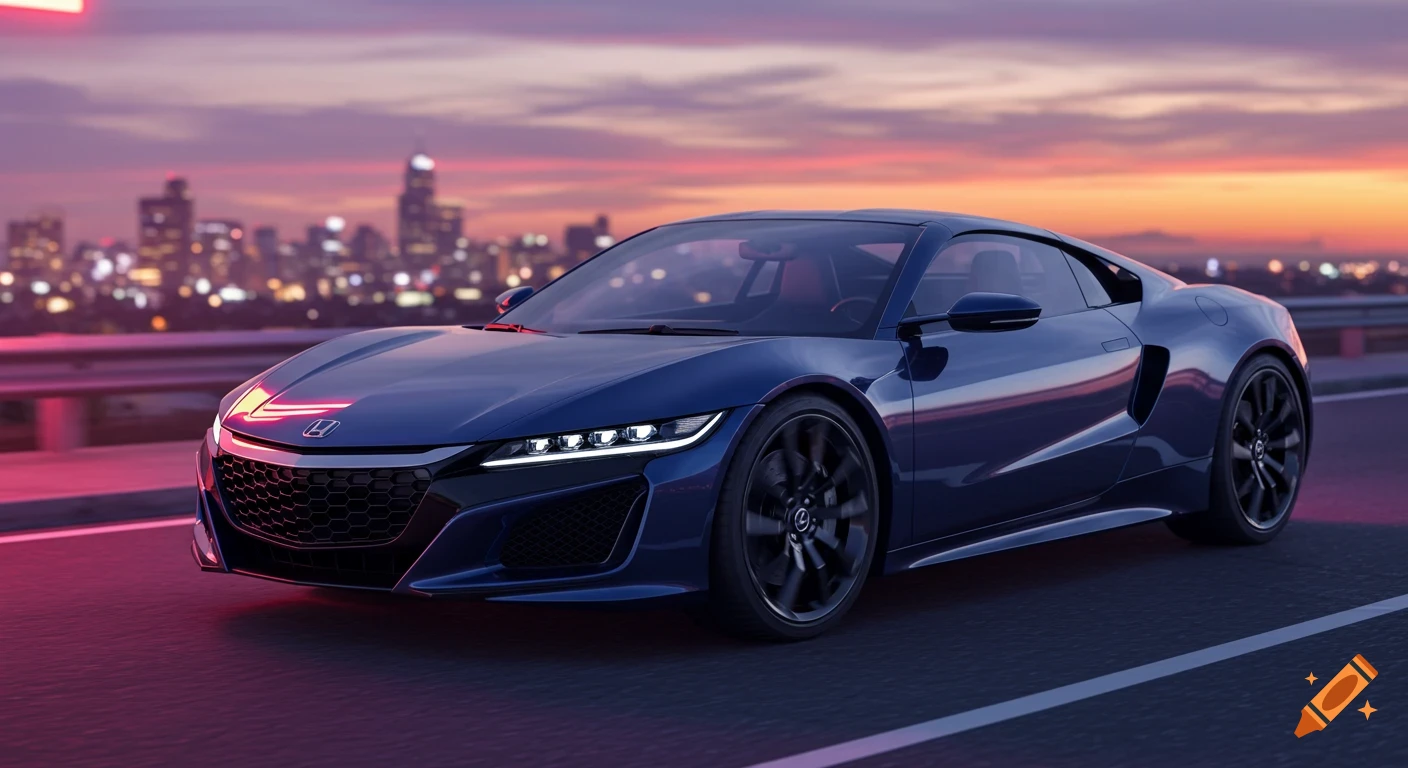A dark blue Honda sports car drives on a road at sunset, with a city skyline in the background. Photorealistic style.