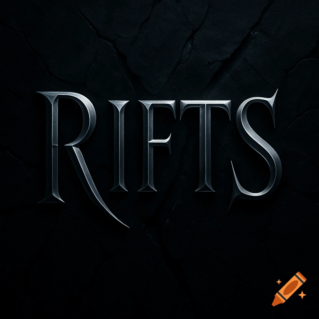 The word 'RIFTS' rendered in a dark, metallic, cinematic font against a cracked, dark background.