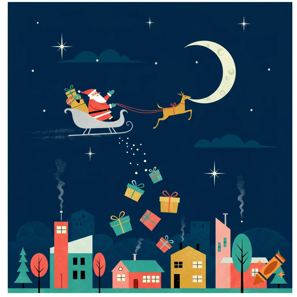 Mid-century modern illustration of Santa Claus in a sleigh pulled by a reindeer, dropping gifts over a stylized town at night.