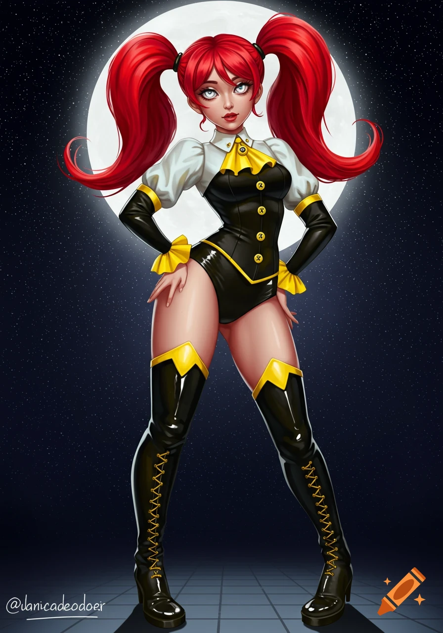 An anime-style woman with bright red pigtails in a black and yellow bodysuit and thigh-high boots stands confidently against a starry night sky with a large full moon.