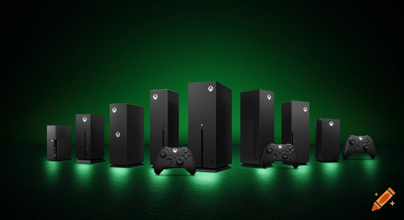 A lineup of various black Xbox consoles and controllers against a dark green background with a subtle glow.
