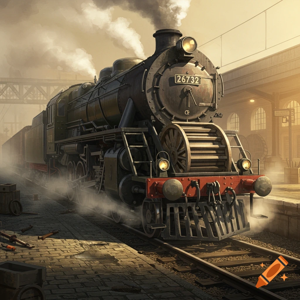 A vintage steam train stands at a station platform, emitting smoke and steam. The front of the locomotive displays the number 26732.