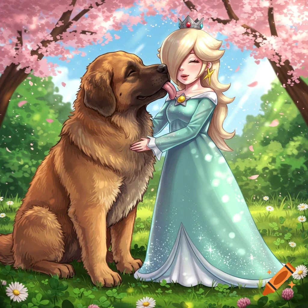 Digital art of Rosalina from Mario hugging a large brown dog licking her face in a sunny cherry blossom garden.