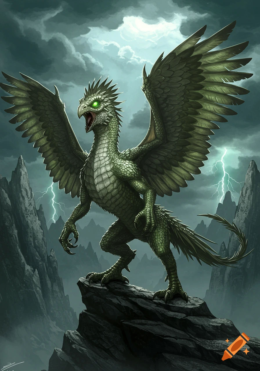 A fierce green scaled creature with large feathered wings and glowing eyes stands on a rocky peak under a stormy sky with lightning.