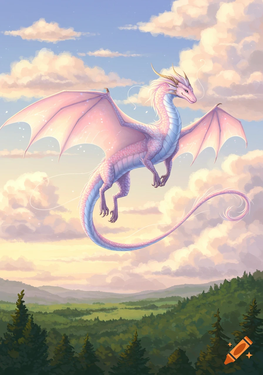 A pink and light blue dragon with large wings flies through a pastel sky filled with soft clouds over a green forest.