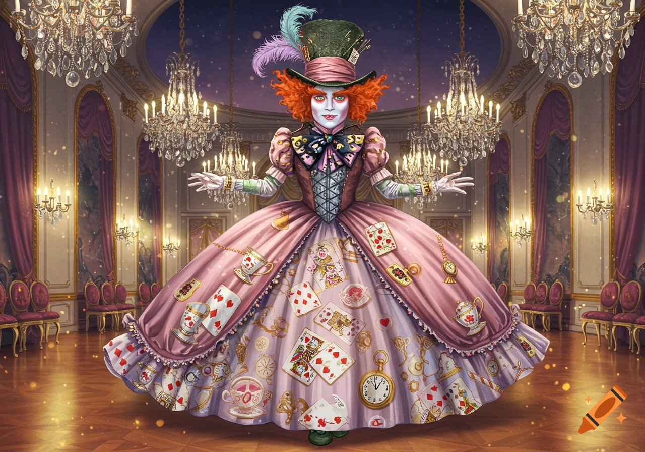 The Mad Hatter in a voluminous, ornate pink ball gown decorated with playing cards and teacups, standing in a grand ballroom with chandeliers.