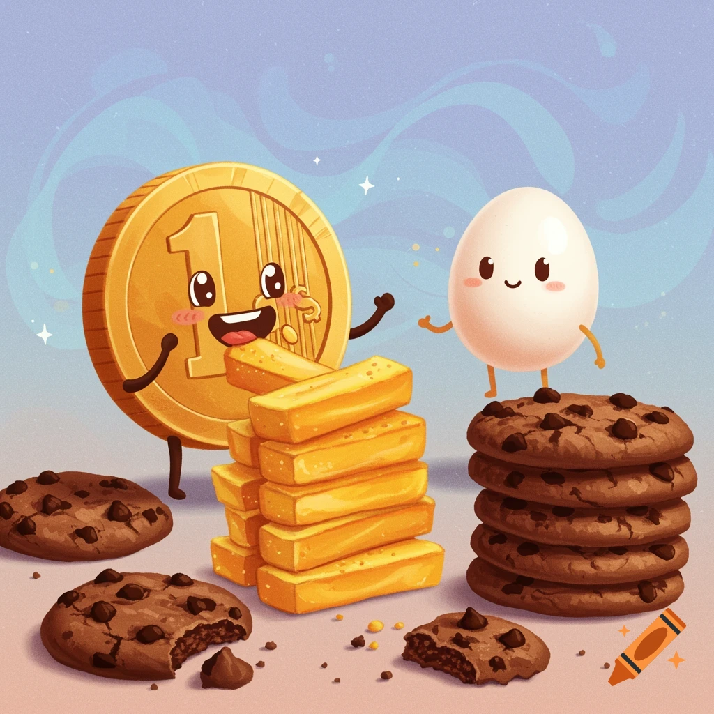 Cartoon coin eating french fries with a cute egg and chocolate chip cookies nearby, in an illustrated style.
