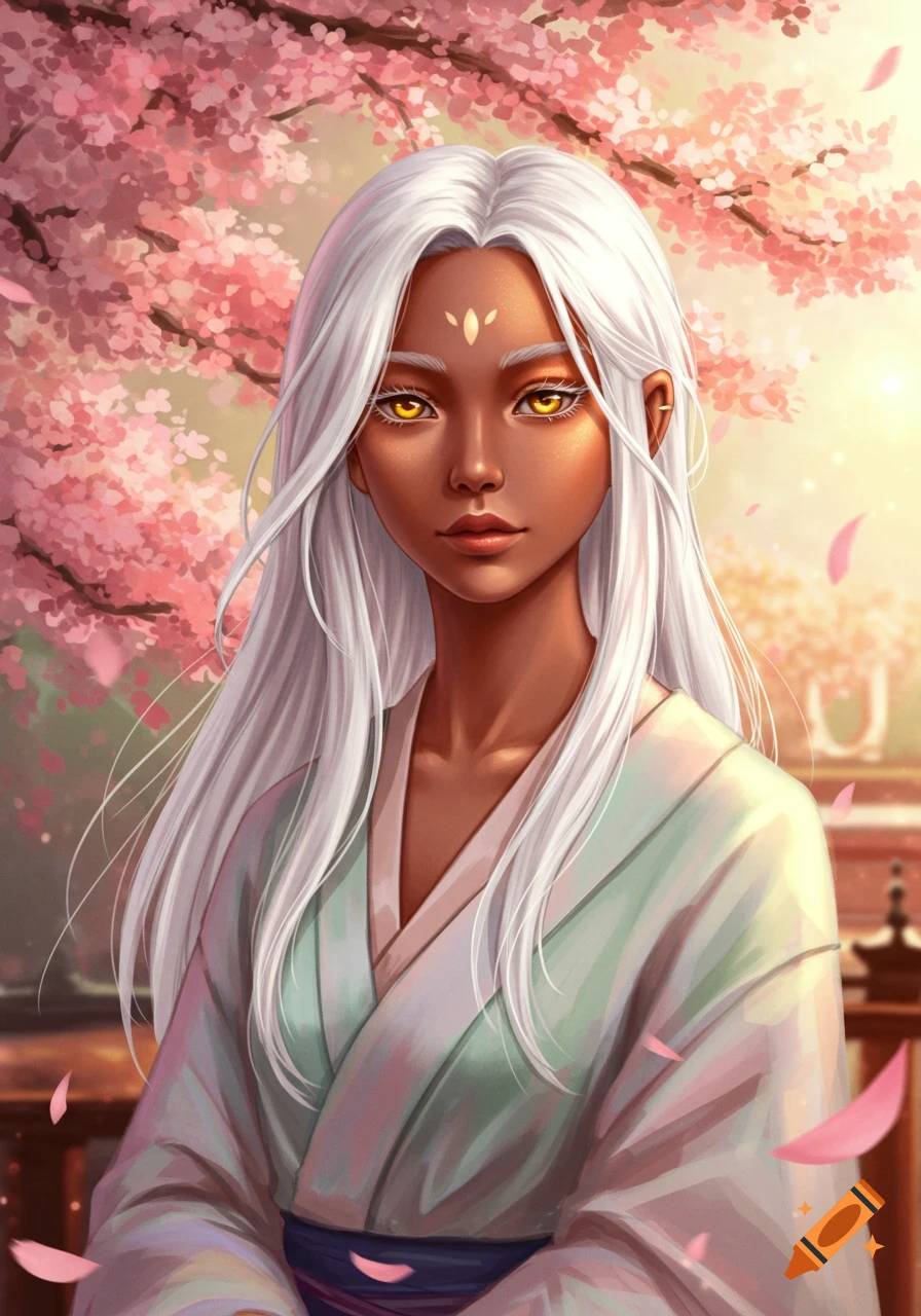 A stylized portrait of a tan-skinned woman with long white hair, amber eyes, and a forehead marking, wearing a green robe amidst pink cherry blossoms.
