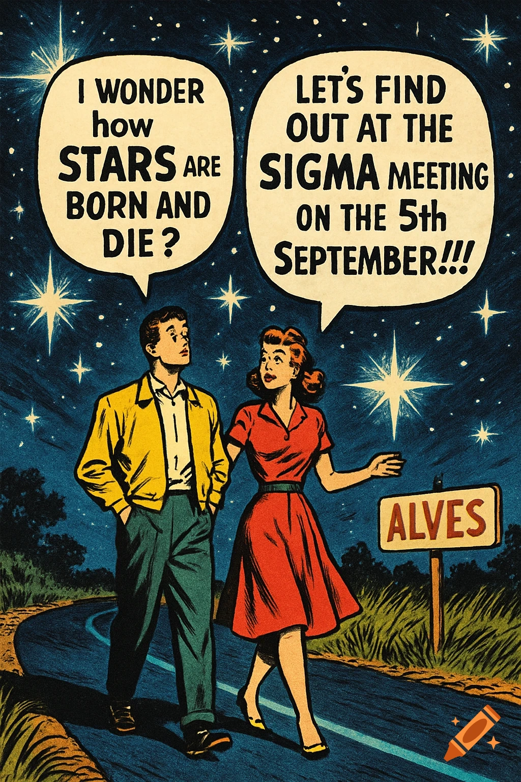 A man and woman in 1950s comic book style walking under a starry sky, with speech bubbles about stars and a 'Sigma meeting'. A sign says 'ALVES'.