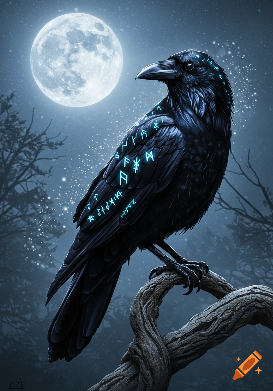 A majestic black raven adorned with glowing blue Nordic runes perches on a gnarled branch under a large, bright full moon in a mystical, starry night forest.