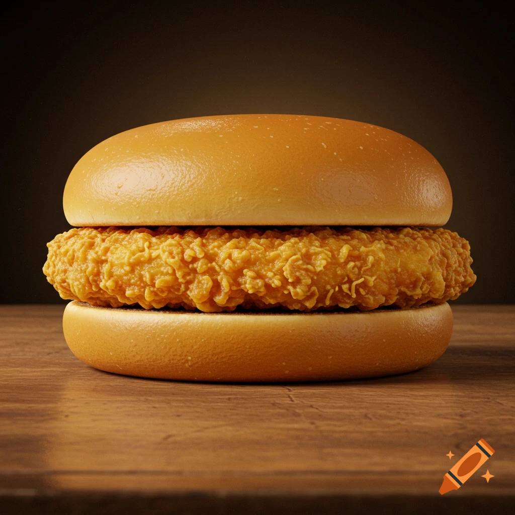 Photorealistic close-up of a fried chicken patty sandwich on a plain bun, resting on a wooden surface.