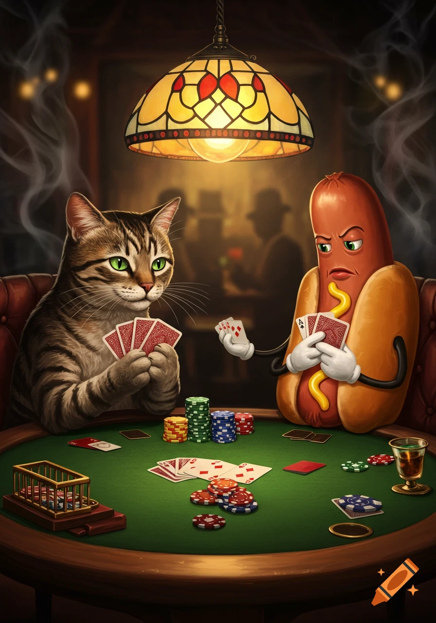A cat and an anthropomorphic hotdog with an angry expression play poker at a table under a Tiffany lamp, surrounded by poker chips.