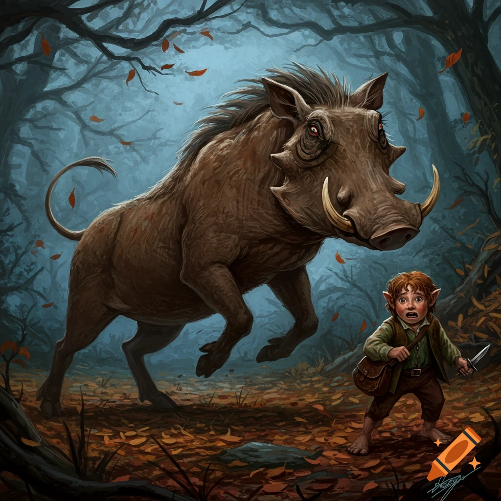 A scared hobbit holding a small knife is confronted by a large warthog in a dark, misty forest with autumn leaves, in a fantasy illustration style.