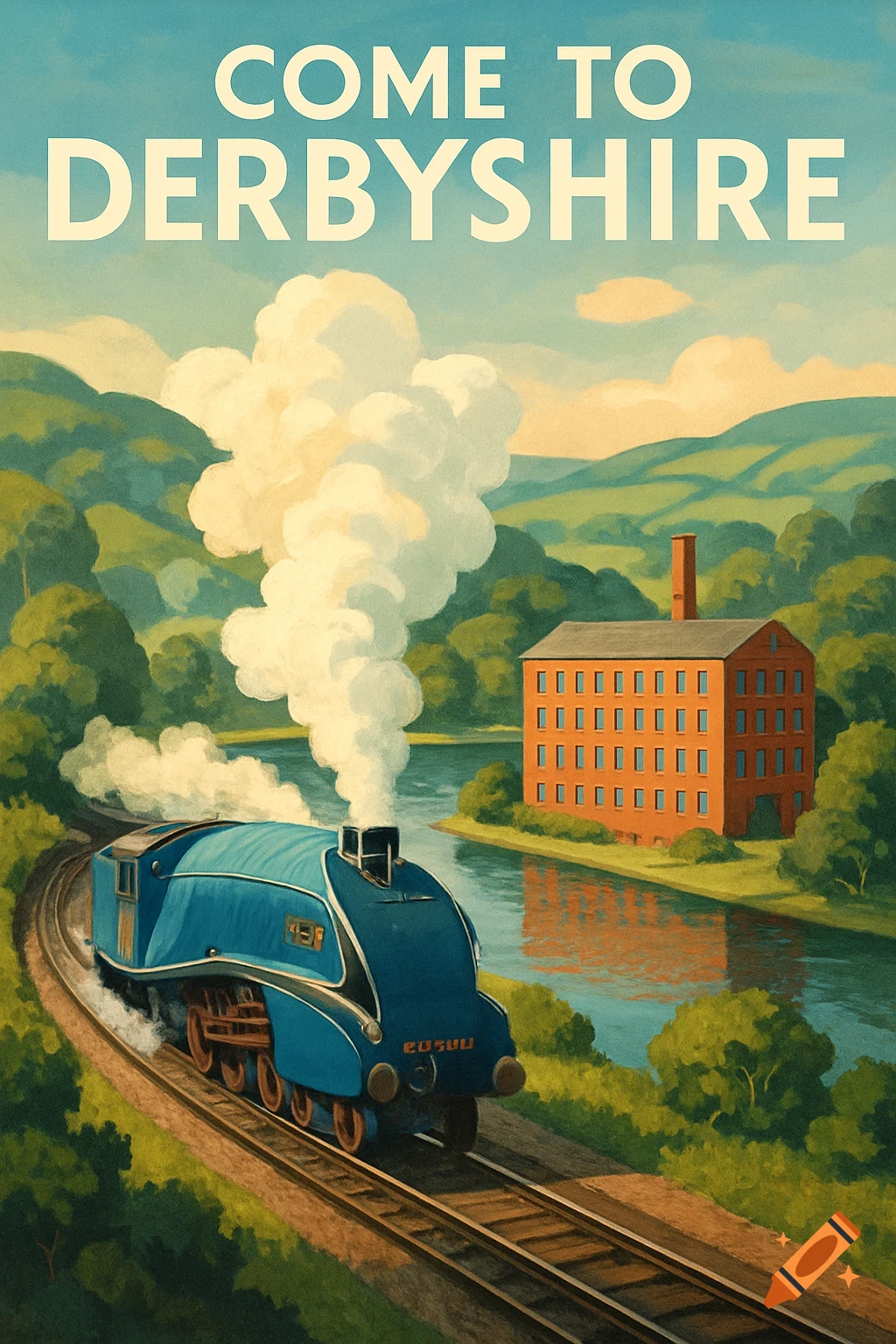Vintage travel poster with a blue steam train and a mill by a river in the Derbyshire countryside, text 'COME TO DERBYSHIRE'.