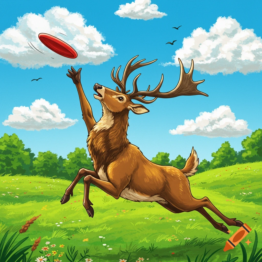 A cartoon-style deer with large antlers leaps high in a sunny, grassy park to catch a red frisbee in mid-air.