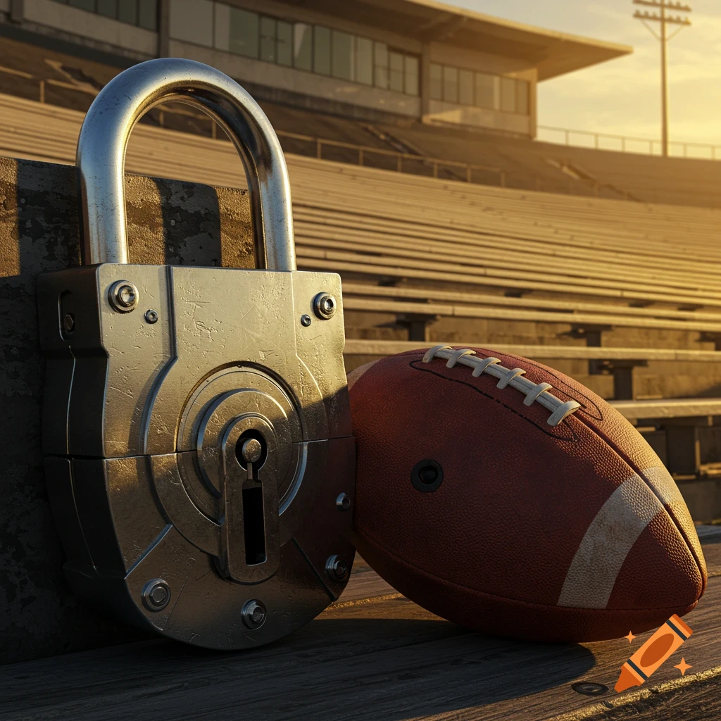 A large silver padlock stands upright next to a brown football, both resting on a wooden bench inside a stadium at sunset.