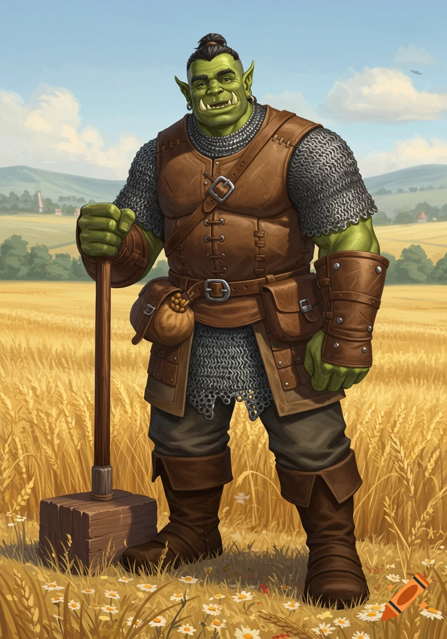 A proud green orc in brown leather and chainmail stands in a golden wheat field, holding a wooden maul. Fantasy illustration.