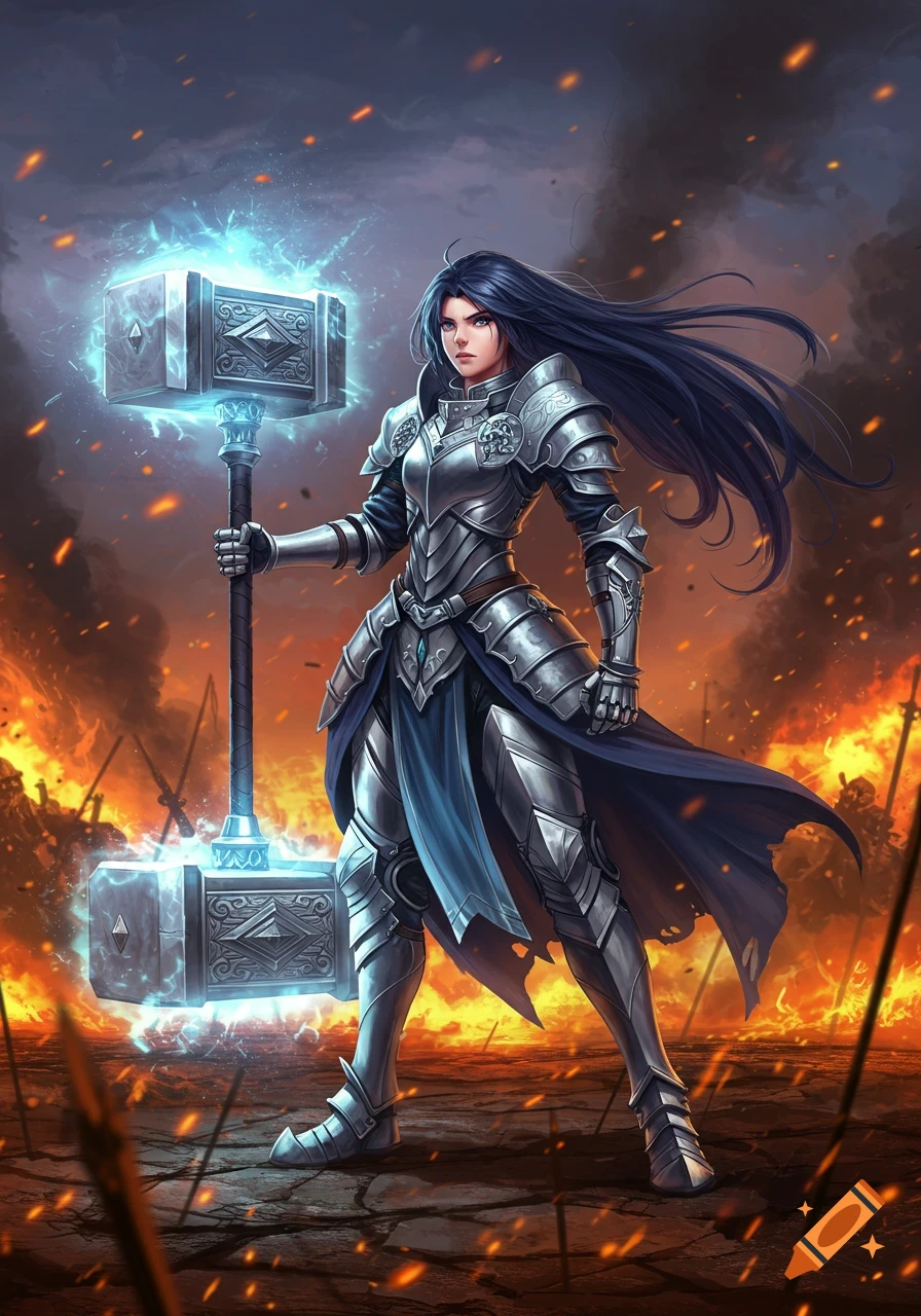 Anime female warrior in silver armor holding a glowing hammer on a fiery battlefield.