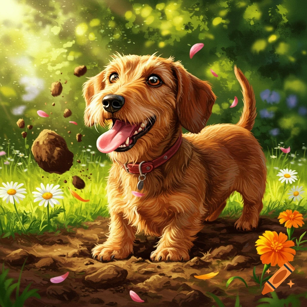 A happy wirehaired dachshund digging in a patch of dirt, with flying soil and petals, surrounded by green foliage and flowers.
