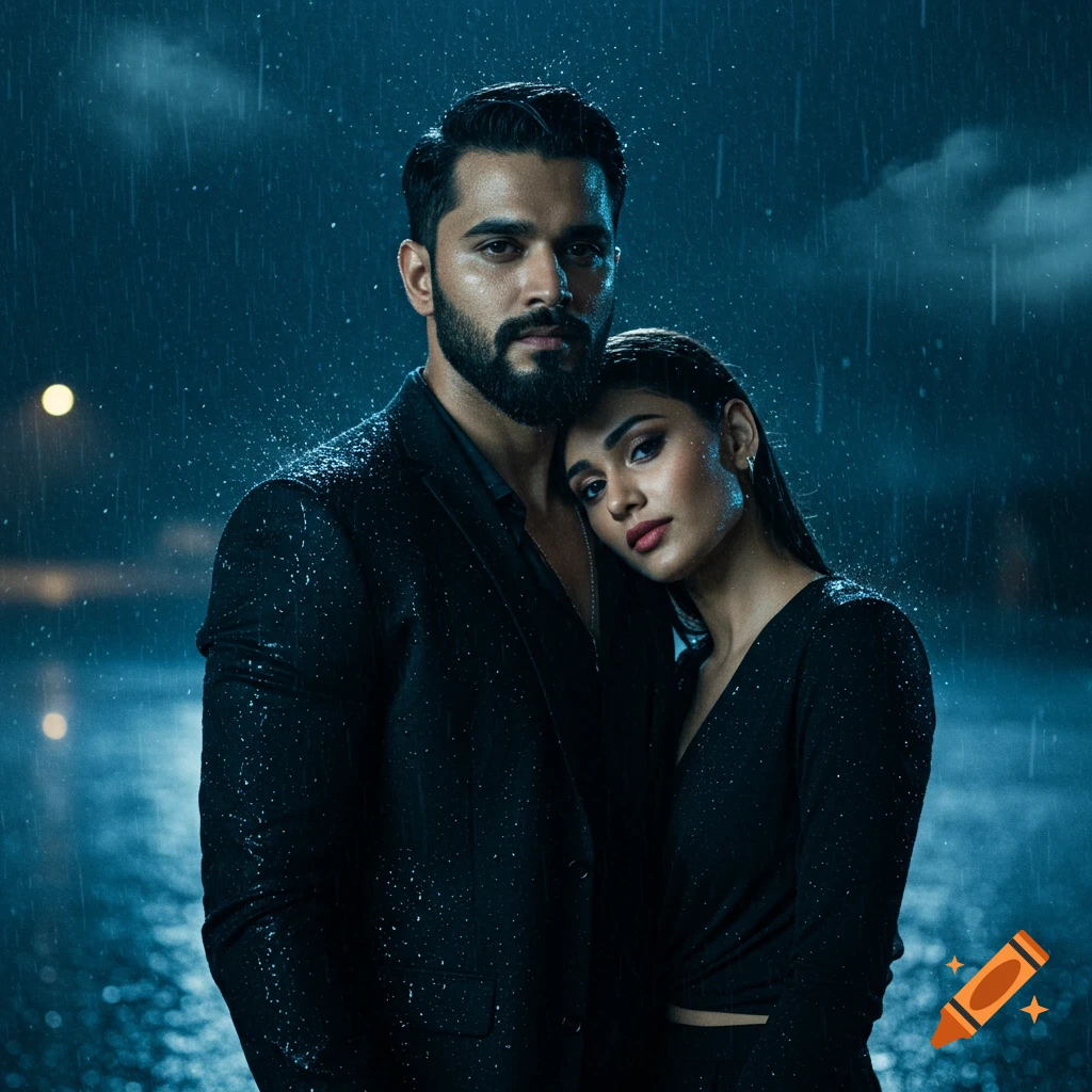 Photorealistic portrait of a stylish man and woman in black clothes standing close in the heavy night rain.