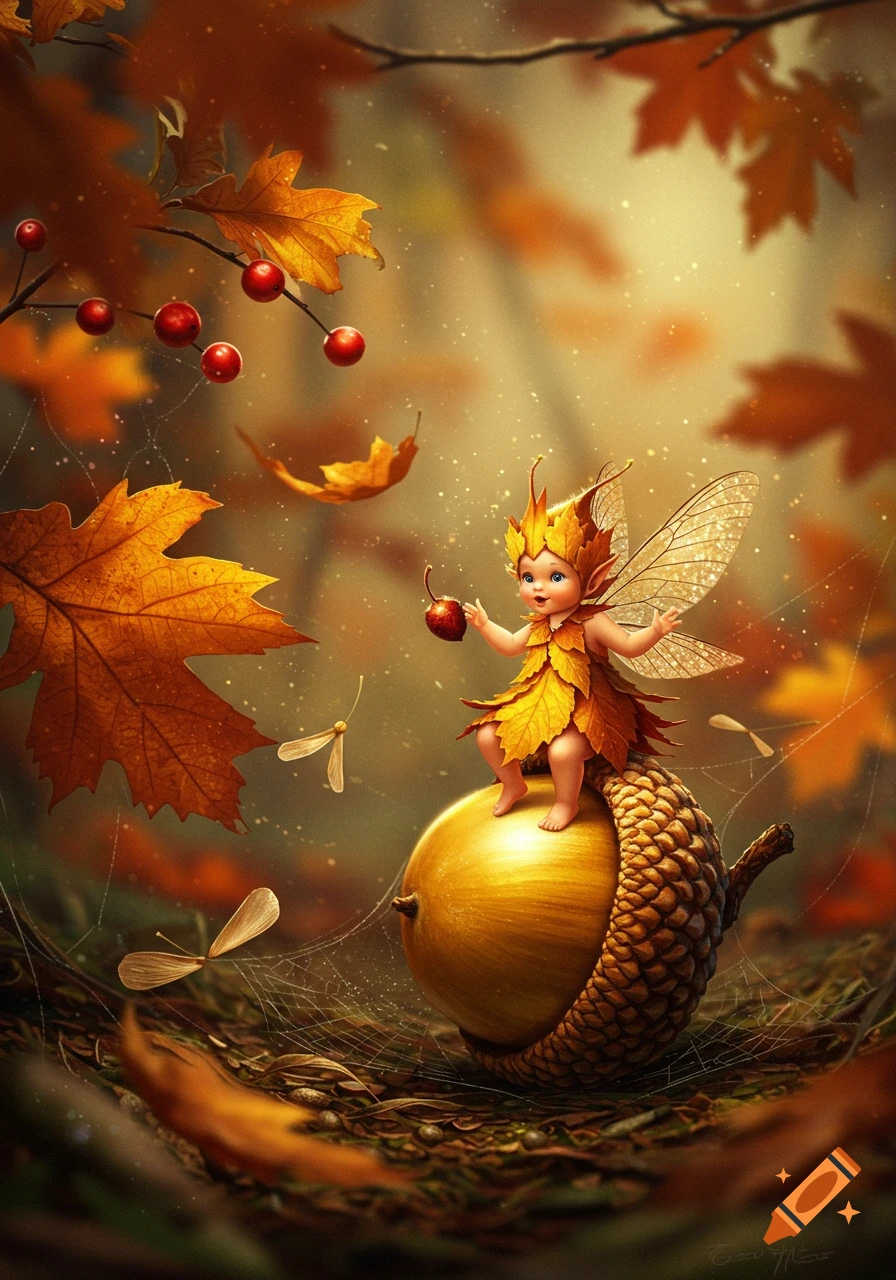 A cute autumn fairy with leaf wings and dress sits on a golden acorn amidst falling leaves in a sunlit forest.